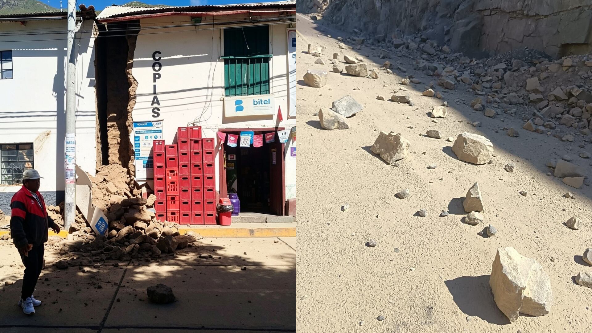 Un edificio dañado y un deslizamiento de tierra en Huancavelica muestran el impacto del sismo de magnitud 6.1 en Ica que sacudió el sur del Perú el 19 de mayo. (Composición: Infobae Perú / Ricardo Yauricasa Flores)