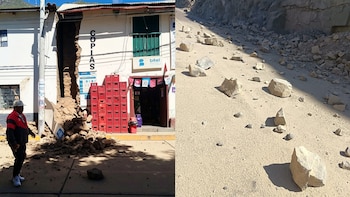 Imagen dividida: a la izquierda, un edificio con un gran agujero y escombros; a la derecha, una carretera con rocas caídas de un acantilado