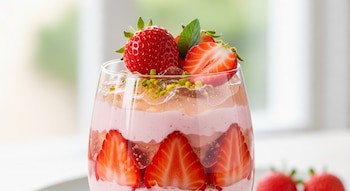 Vaso transparente con postre de fresa rosa, fresas enteras, en rodajas y por la mitad, trozos de pistacho, y una hoja de menta.