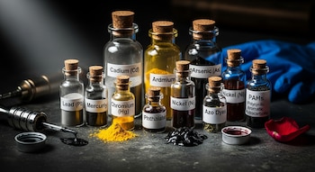 Múltiples frascos de vidrio con etiquetas de sustancias tóxicas como plomo, mercurio y cromo, junto a tintas derramadas y una máquina de tatuar.