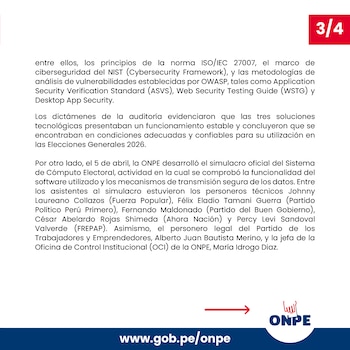 Documento oficial de la ONPE con texto negro en fondo blanco, una numeración '3/4' en rojo y el logo de ONPE con dirección web en la parte inferior