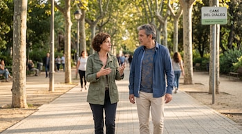 Una mujer con chaqueta verde habla y gesticula junto a un hombre en un paseo arbolado con un cartel que indica espacio para conversar.