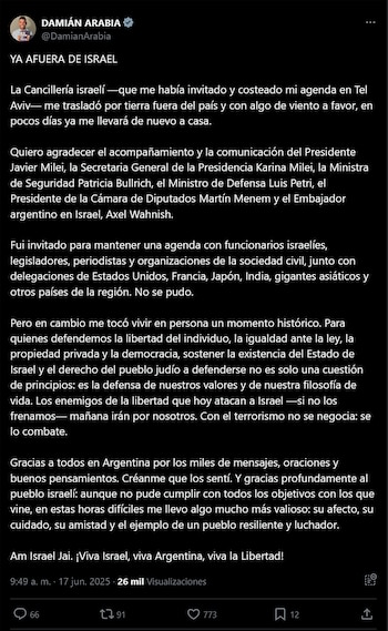 Damián Arabia confirmó que salió de Israel