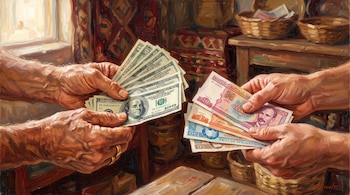 Unas manos sostienen billetes de dólares estadounidenses frente a otras manos que sostienen billetes de pesos cubanos en un óleo.