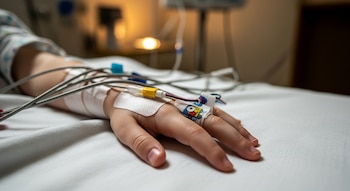 Primer plano de la mano de una niña de 4 años en una cama de hospital, con una vía intravenosa y sensores de monitoreo, uno con un personaje animado.