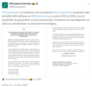 El Gobierno calificó como inaceptable que se advierta sobre una posible interrupción de servicios. - crédito @MinSaludCol/X