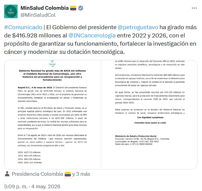 El Gobierno calificó como inaceptable que se advierta sobre una posible interrupción de servicios. - crédito @MinSaludCol/X