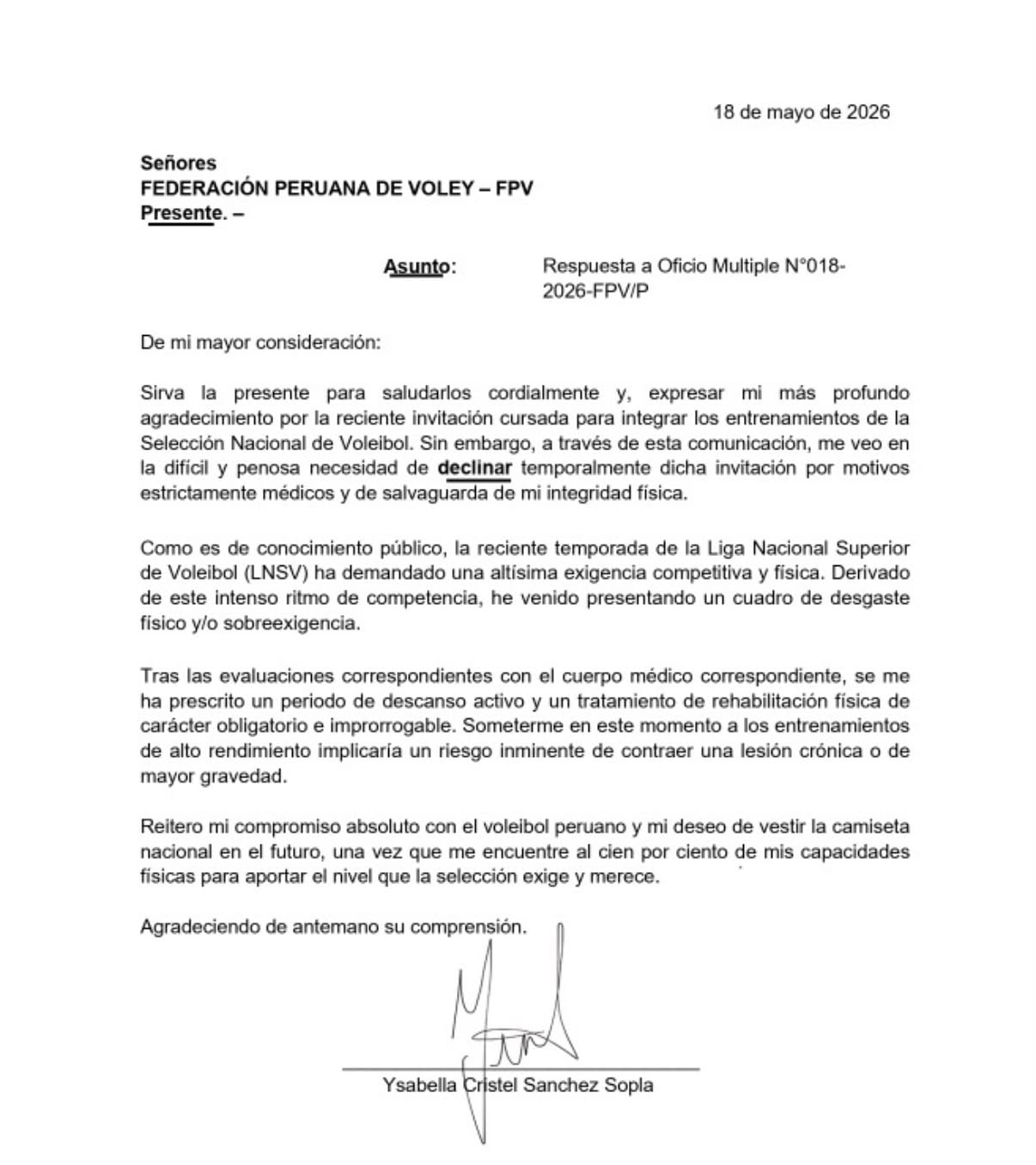 Ysabella Sánchez no aceptó la convocatoria de la selección peruana por motivos médicos.