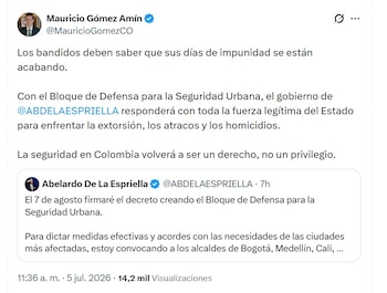 El jefe de debate de Abelardo de la Espriella, Mauricio Gómez Amín, defendió la medida que se planea para el 7 de agosto - crédito @MauricioGomezCO/X