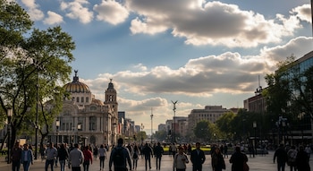 El Palacio de Bellas Artes, con cúpula dorada, y otros edificios en Ciudad de México. Una gran multitud de personas camina por la calle bajo un cielo con nubes.