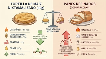 Infografía que compara el valor nutricional de una tortilla de maíz nixtamalizado con panes refinados, mostrando sus respectivas métricas y gráficos.
