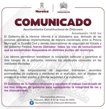 Mensaje del gobierno municipal confirmando la liberación de vías en el municipio. Crédito: Facebook - Ayuntamiento de Zitácuaro Michoacán