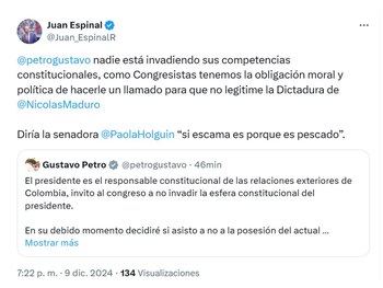 Con este mensaje, el representante a la Cámara Juan Espinal lanzó sus críticas al Gobierno del presidente Gustavo Petro, por su más reciente mensaje sobre Venezuela - crédito @Juan_EspinalR/X