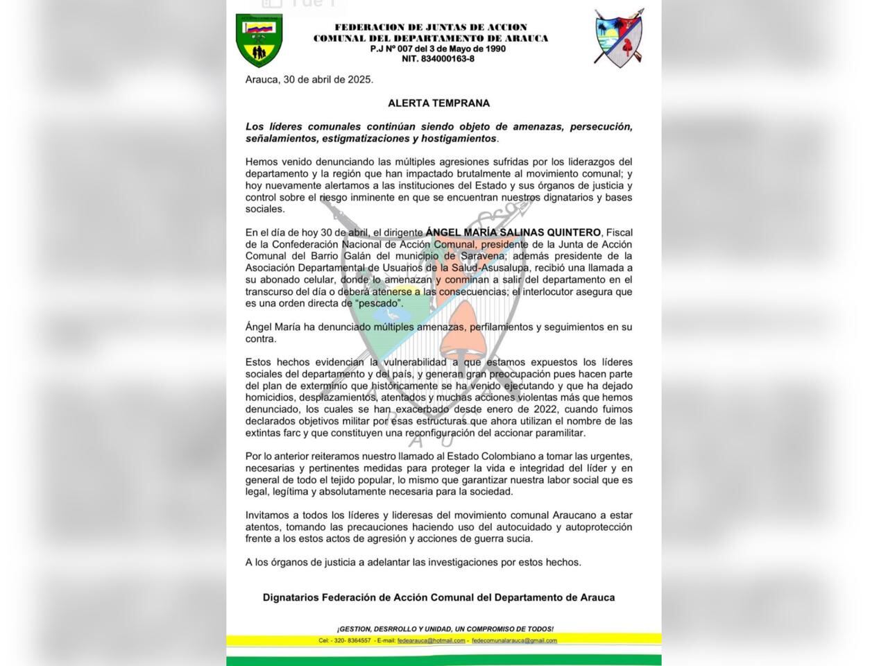 Los presuntos responsables de estas amenazas serían integrantes del Clan del Golfo -crédito onfederación Nacional de Acción Comunal