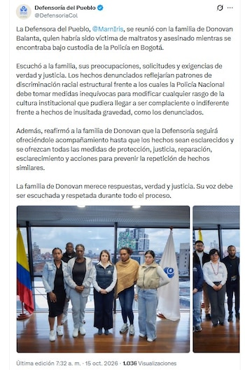 El anuncio de la reunión entre Iris Marín y la familia de Donovan Balanta Paz se realizó la mañana del jueves 15 de octubre de 2026 vía X - crédito @DefensoriaCol/X