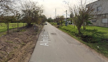 Una calle asfaltada con la inscripción Almirante Brown, flanqueada por árboles, vegetación y casas bajas