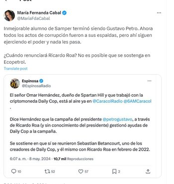 María Fernanda Cabal pregunta cuando renunciará a su cargo Ricardo Roa - crédito @MariaFdaCabal
