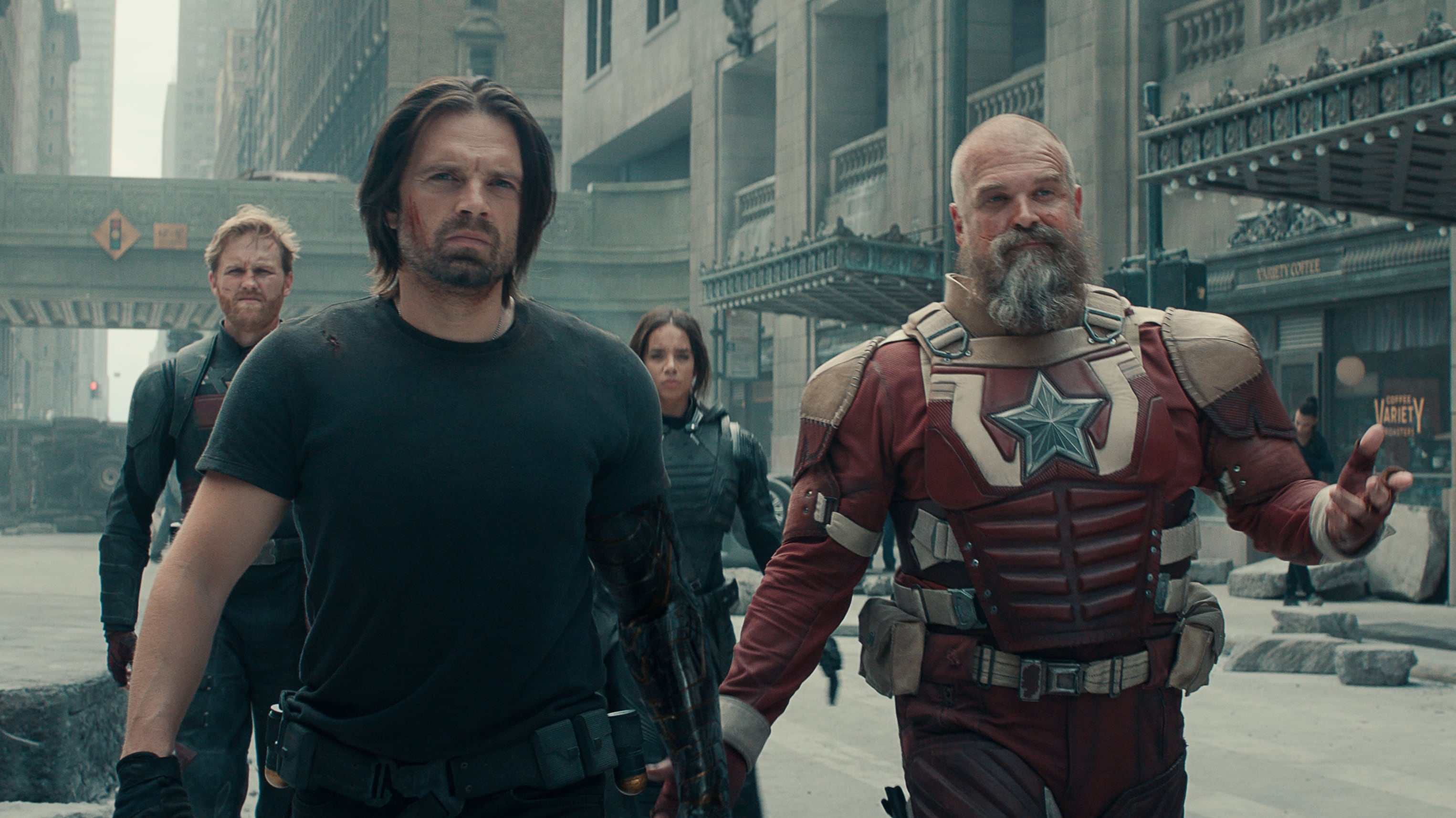 (L-R): John Walker (Wyatt Russell), Bucky Barnes (Sebastian Stan), Ghost (Hannah John-Kamen) and Alexei Shostakov/Red Guardian (David Harbour) in Marvel Studios