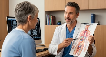 Un médico en bata blanca señala un diagrama de órganos internos, incluyendo la vesícula biliar, a una paciente sentada frente a él en un consultorio.