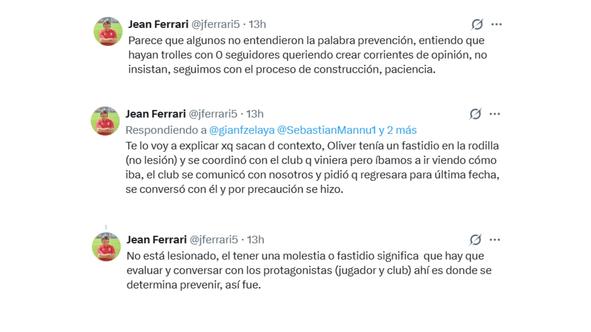Los tuits de Jean Ferrari sobre la desconvocatoria de Oliver Sonne de la selección peruana.
