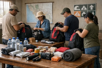 Cuatro personas llenan mochilas con agua, linternas, una radio, alimentos enlatados y mantas sobre una mesa de madera. Al fondo, un mapa y un cartel de evacuación.
