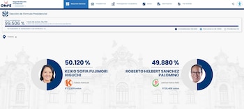 Captura de pantalla de la página web oficial de ONPE con los resultados de la segunda vuelta presidencial: Keiko Fujimori (50.120%) y Roberto Sánchez (49.880%)