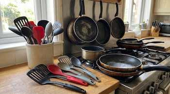 Cocina con utensilios de plástico variados y sartenes antiadherentes. Espátulas y cucharas sobre encimera de madera, sartenes colgadas y en estufa.