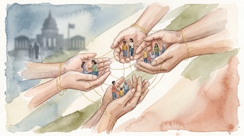 Ilustración en acuarela de manos sosteniendo figuras diminutas unidas por hilos, con un edificio de cúpula al fondo.