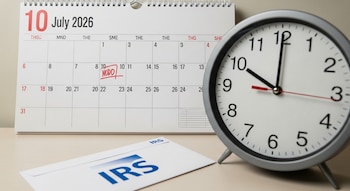 Calendario de pared de julio de 2026 que muestra el día nueve marcado con "NODO", un reloj de escritorio analógico con la hora 11:55 y un sobre con el logo del IRS.