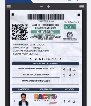 En Timbiquí, Cauca, los investigadores encontraron 11 mesas donde la totalidad de los votos fue depositada a favor de un mismo candidato. - crédito captura de pantalla de registraduría