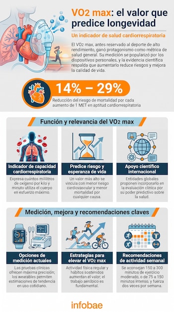 Infografía sobre el VO2 max con diagramas de anatomía humana, una persona corriendo, porcentaje de reducción de mortalidad, iconos de medición y actividad.