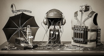 Un paraguas con dispensador de cigarrillos, un casco de cuero con auriculares y un chaleco gris con dispositivos eléctricos sobre una mesa.