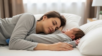 Madre joven durmiendo de lado junto a su bebé recién nacido boca arriba en una cama blanca. Ambos visten ropa gris. No hay almohadas ni cobijas cerca del bebé.