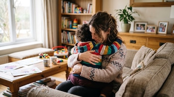 Una mujer sentada en un sofá abraza a un niño pequeño cuya cara no se ve, en la sala de estar de una vivienda.
