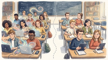 Aula con estudiantes. Laptops, tabletas, teléfonos en escritorios. Algunas pantallas con destellos. Pizarrón con inscripciones. Estanterías con libros. Mochilas en el suelo.