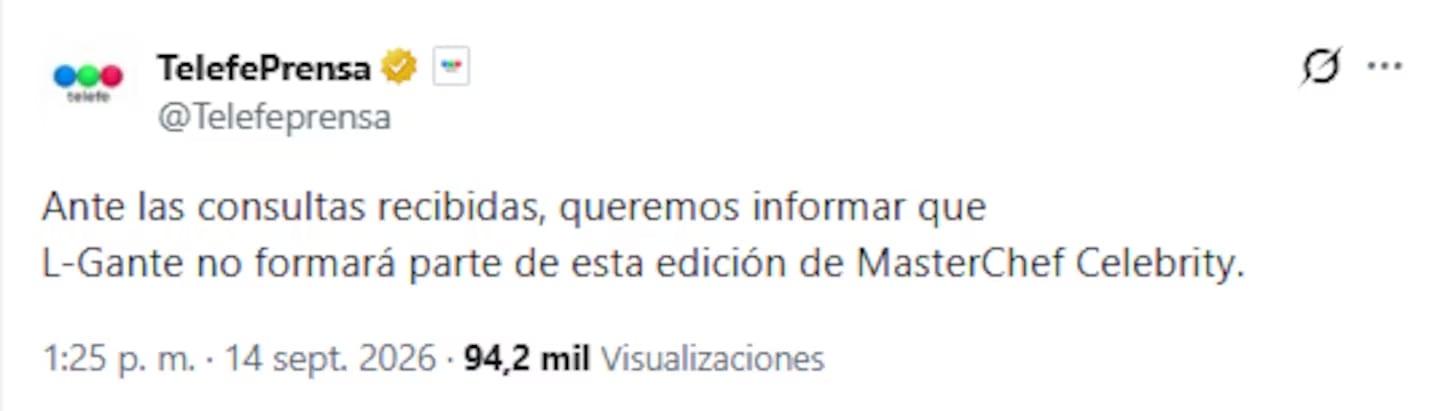 L-Gante quedó fuera de MasterChef Celebrity y Telefe confirmó su baja con un comunicado oficial