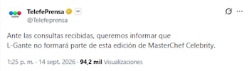 L-Gante quedó fuera de MasterChef Celebrity y Telefe confirmó su baja con un comunicado oficial