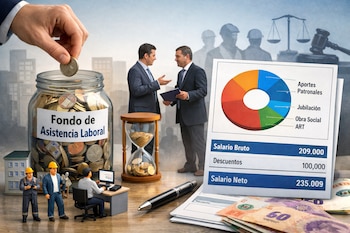 Ilustración de una mano depositando una moneda en un frasco etiquetado 'Fondo de Asistencia Laboral', junto a un recibo de sueldo con gráfico y figuras de trabajadores.