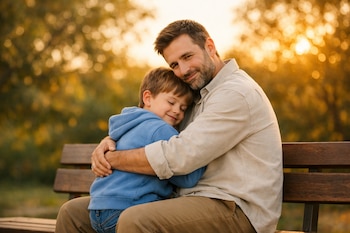 Un hombre de cabello castaño corto y barba abraza a un niño de ojos cerrados. Ambos están sentados en un banco de madera con un fondo de árboles y luz dorada del atardecer.