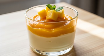Vaso transparente contiene un postre de dos capas, una crema clara y puré de mango naranja, decorado con cubos de mango amarillo y hojas verdes de menta.