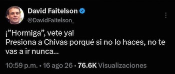 David Faitelson recurrió a su cuenta de X para instar públicamente al futbolista a que presione a la directiva rojiblanca (captura de pantalla)