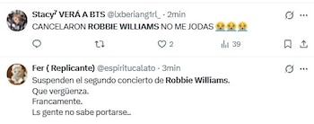Captura de pantalla con dos mensajes en la red social X referidos a la cancelación del concierto de Robbie Williams