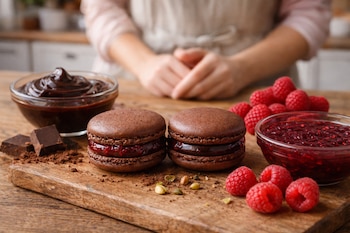 El macaron de chocolate y frambuesa combina el sabor profundo del cacao con la acidez de la fruta para un resultado sofisticado (Imagen Ilustrativa Infobae)