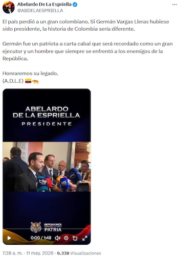 “Colombia está de luto”: Abelardo de la Espriella rindió homenaje a Germán Vargas Lleras - crédito @ABDELAESPRIELLA/X