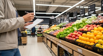 Primer plano de una persona en un supermercado, sosteniendo un bloc de notas pequeño con una lista y un bolígrafo, junto a estantes llenos de frutas y verduras.