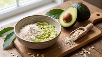 Un cuenco con puré verde y polvo blanco, un aguacate entero, un aguacate partido con hueso, hojas, una cuchara de madera con avena y avena suelta sobre una tabla.