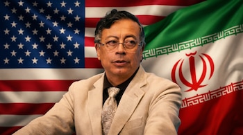 Primer plano de Gustavo Petro, presidente de Colombia, usando lentes y un traje beige, frente a las banderas de Estados Unidos (izquierda) e Irán (derecha).