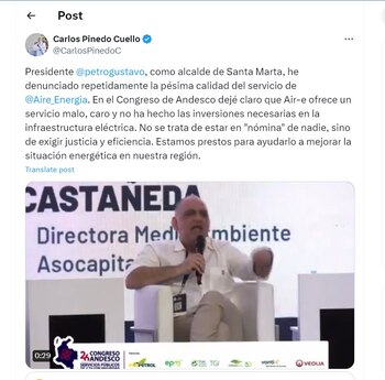Carlos Pinedo, alcalde de Santa Marta le respondió al presidente Gustavo Petro por sus declaraciones de los mandatarios del caribe - crédito @CarlosPinedoC