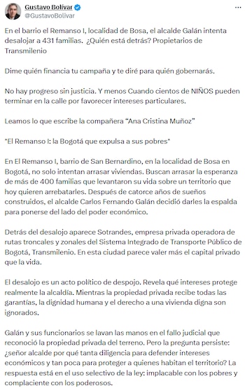 Gustavo Bolívar advirtió sobre el riesgo social por desalojo de más de 430 familias en El Remanso I - crédito @GustavoBolivar/X