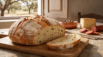 Hogaza de pan con una rebanada cortada sobre una tabla de madera, junto a un cuenco con aceitunas, un trozo de queso y rodajas de embutido.